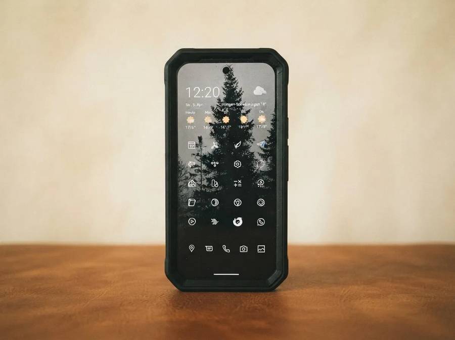 Smartphone mit GrapheneOS und dunklem Tannen-Hintergrund