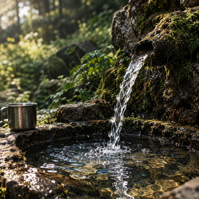 Quellwasser fließt aus bemoostem Fels in ein Steinbecken, daneben ein Metallbecher