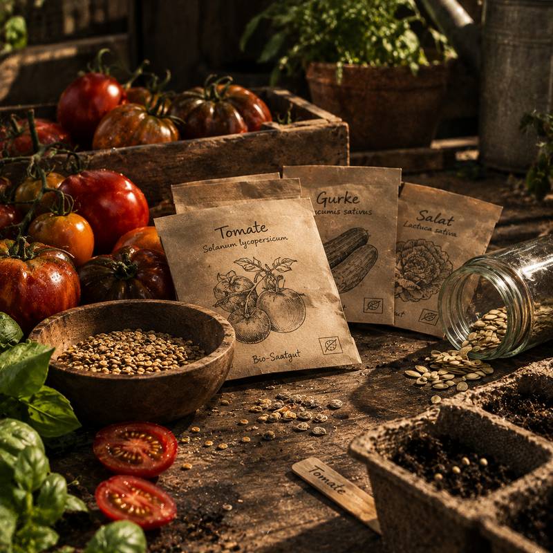 Saatgut-Tüten für Tomate, Gurke und Salat neben frischen Tomaten